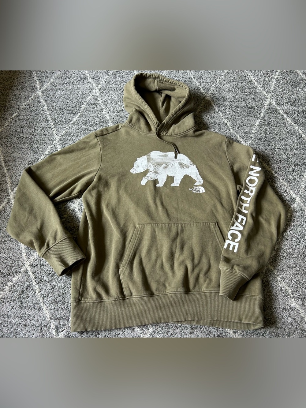 The North Face Olive Green Hoodie White Bear Graphic Sleeve Logo L